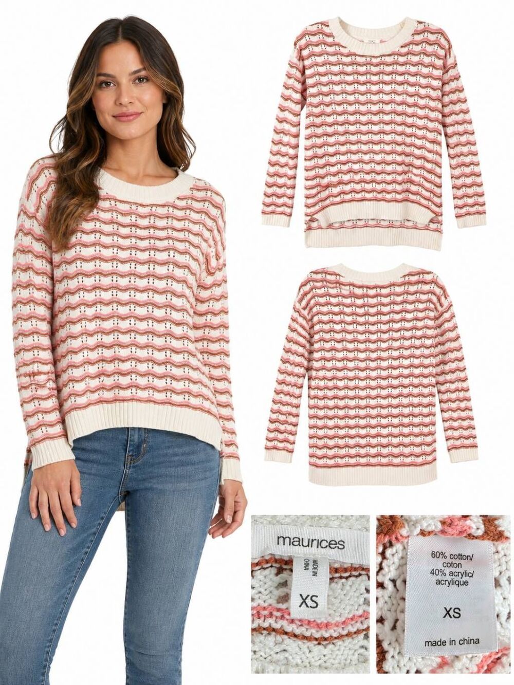 Maurices XS Pointelle Knit Stripe Sweater Pink White
